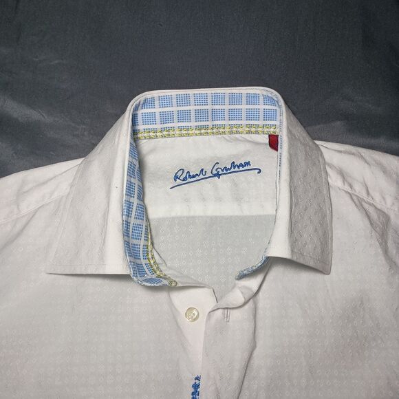 Robert Graham Textured Jacquard Pattern Shirt Medium White Embroidered Flip Cuff - Picture 14 of 16